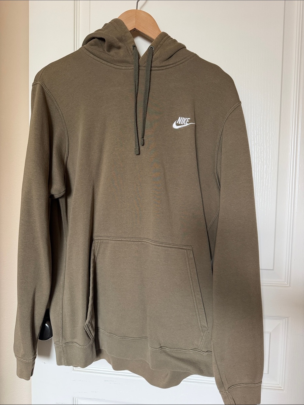 Nike Men's Olive Green Pullover Hoodie with White Swoosh